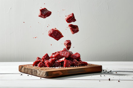 Capturing the moment: beef slices suspended above a wooden cutting board, frozen in actionの素材