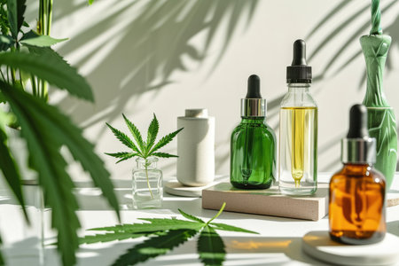 Contemporary setup of therapeutic cannabis oils and fresh marijuana leaves on ascending display blocks.の素材