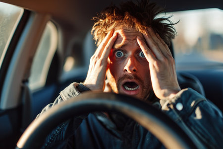 A man sitting behind the wheel of a car, gripping his head in shock. Conveys the concept of an accident, insurance, and emotional distressの素材