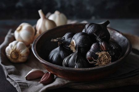 A bowl displays a single black garlic head alongside several regular garlic bulbs. The dark background accentuates their textures, evoking an elegant, premium feelの素材