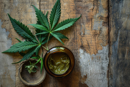 An image displays two cannabis leaves beside an open jar of greenish-brown substance, possibly cannabis-based ointment, on a wood-textured backgroundの素材