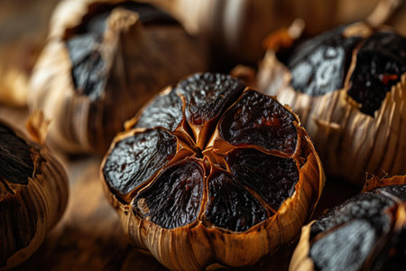 A close-up reveals halved black garlic bulbs with their rich, burgundy flesh. Slow fermentation imparts a sweet, caramel-like flavor to this gourmet ingredientの素材