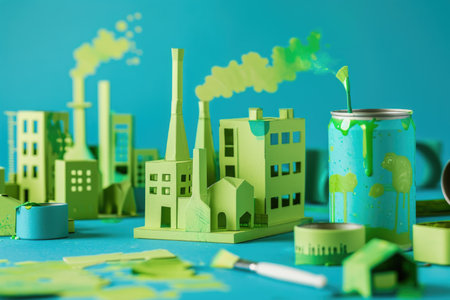 A symbolic scene with a green factory made of paper cutouts, painted green, symbolizing "greenwashing," where companies feign eco-friendliness.の素材