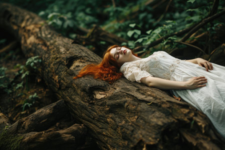 In the serene forest, a red-haired woman peacefully rests on a massive fallen tree trunk, clad in a white dress, harmonizing with the rustic tree barkの素材