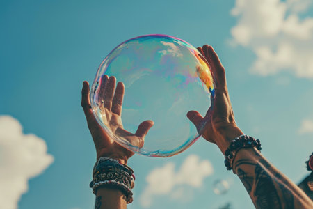 A man adorned with jewelry extends his hands towards a vibrant soap bubble suspended in the air. The bubble reflects light, displaying a captivating rainbow spectrumの素材
