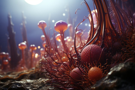 Macro exploration reveals the hidden world of parasites and viruses in this abstract image, showing the beauty within the microscopicの素材