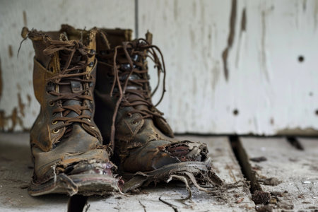 A pair of completely ruined boots with detached soles, tattered uppers, and inner parts exposedの素材
