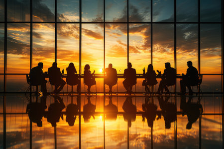 Silhouettes of a corporate meeting under a dramatic sunset. Long shadows, reflections on the table, and active discussionsの素材