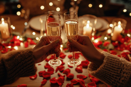 An intimate candlelit dinner: two toasting champagne glasses, table adorned with rose petals, and the soft candlelight evoking romanceの素材