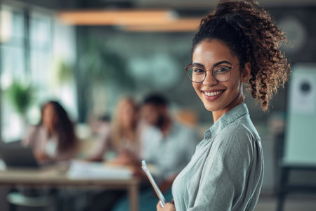 A confident, cheerful woman in business attire, holding glasses, amid engaged colleagues in a modern office, exuding leadership and collaborationの素材