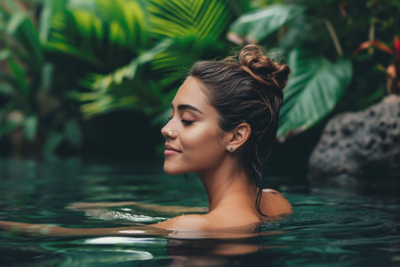 Amidst a lush oasis, a woman gracefully swims in a pool, her expression reflecting inner calm and the verdant serenity around.の素材