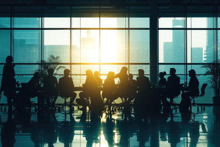 Silhouetted business meeting during sunrise in a modern office.の素材