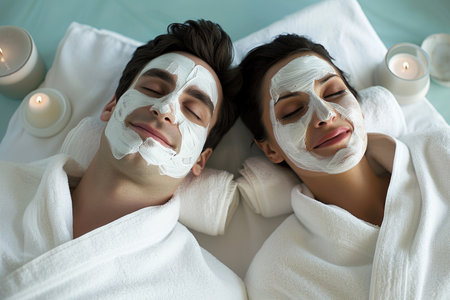 Happy pair with face masks, sharing a moment of self-care.の素材
