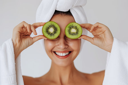 A youthful woman's radiant face adorned with a fresh kiwi fruit mask, showing her commitment to natural skincare and holistic well-being.の素材