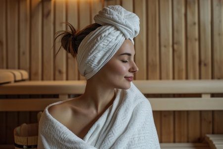 Peaceful spa experience, female with towel head wrap, eyes closed.の素材