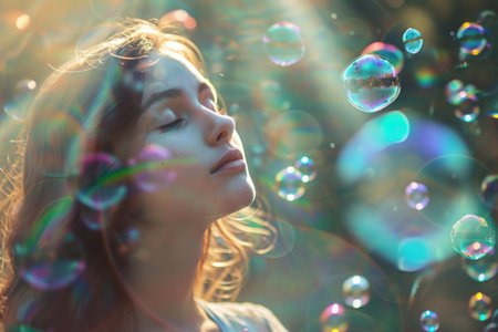 A young woman basks in sunlight rays amidst floating colorful bubbles, creating a dreamy, enchanting atmosphereの素材