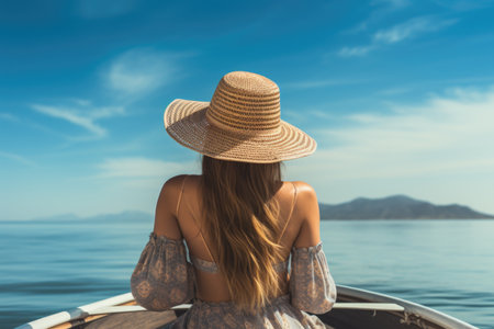 The allure of the sea captured by a boater in chic summer attire.の素材