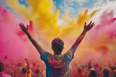A joyful crowd at a Holi festival, with colorful powder in the air.の素材