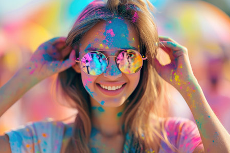 Bright, cheerful woman in a whirl of Holi celebration colors.の素材