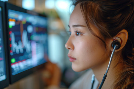 A young and beautiful nurse using advanced ultrasound technology to provide healthcare to a patient, with a soothing background of calming musicの素材