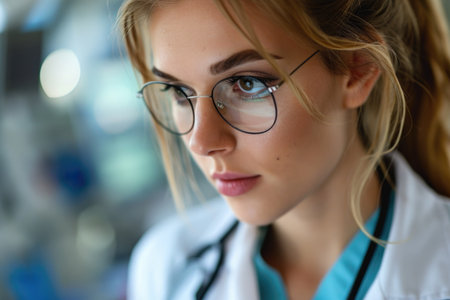 Focused medical professional analyzing data on a monitor.の素材