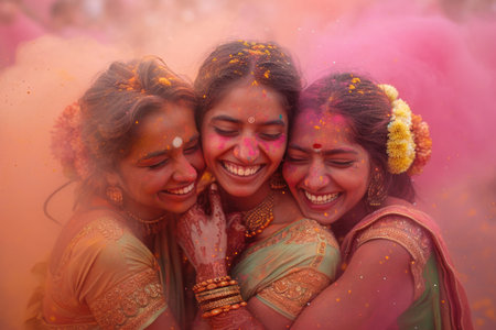 Exuberant Holi festival with three women, their camaraderie bright as the colors on them.の素材