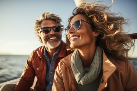 Smiling couple enjoying a sunny day on a sailboat, waves glinting in the background.の素材