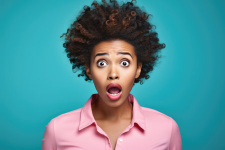 Surprised woman with curly hair, wide-eyed and open-mouthed in astonishment.の素材