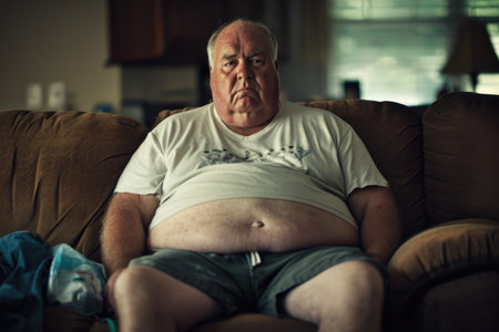 Elderly man lounging on a sofa, expression weary or contemplative.の素材