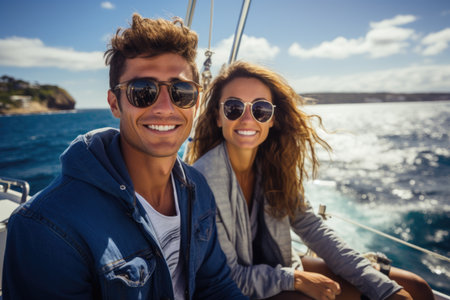 Joyful pair in sunglasses sailing, with a sparkling sea and clear skies behind.の素材