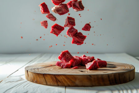 Dynamic meat artistry: pieces of beef appear to levitate over a wooden cutting boardの素材