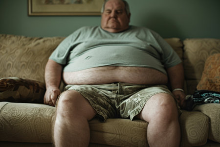 Relaxed posture in a home environment, striped shorts and neutral tones.の素材