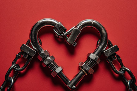Love's Energy: A heart-shaped metal chain linked by jumper cable clamps against a red backdrop, representing the dynamic and invigorating force of loveの素材