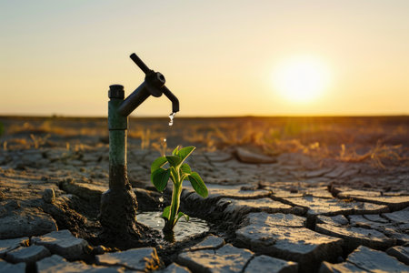 Hand-operated pump in dry terrain, clear sky at dawn or dusk, resilient green sproutの素材