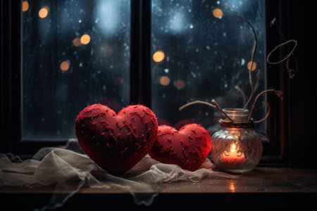 Two red hearts on a windowsill, with a backdrop of a snowy evening and warm candlelight.の素材