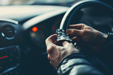 Safety first: A man prepares to take pills while driving, emphasizing the importance of health while on the roadの素材