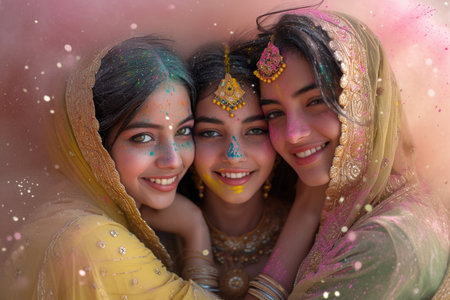 Colorful celebration as women in yellow enjoy the lively spirit of Holi.の素材