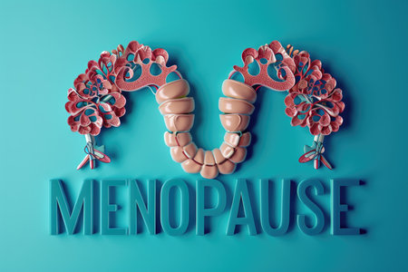 Abstract representation of menopause using a stylized female reproductive model and the word 'menopause' in vibrant blueの素材