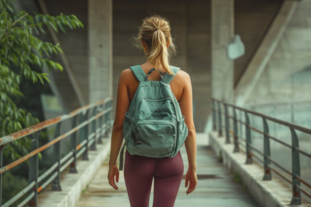 Back view of a female adventurer crossing an urban bridge.の素材