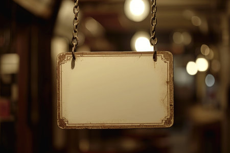 A sepia-toned image of a vacant white sign suspended by a chain, positioned in a warmly lit space with a defocused backdropの素材