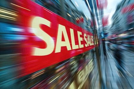 An abstract storefront blur with a prominent "SALE" sign in sharp focusの素材