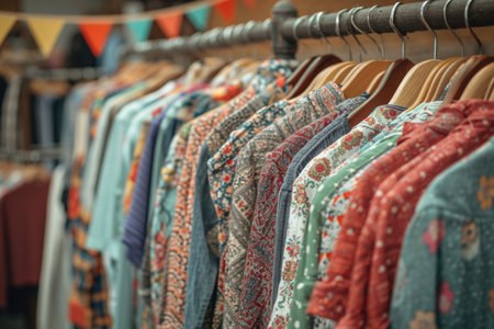 Artisanal clothing rack featuring a selection of unique, handcrafted dresses with festive bunting aboveの素材
