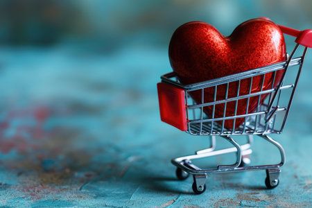 The concept of love as a commodity, with a sparkly heart in a tiny metal trolleyの素材