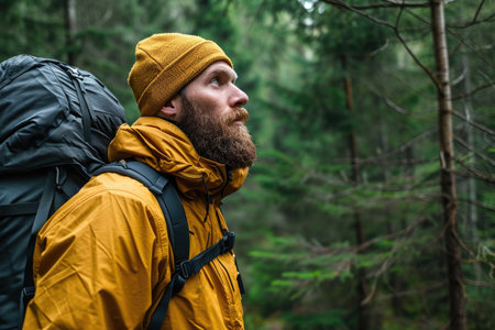Contemplative bearded man wearing a yellow raincoat while hiking in a lush forestの素材