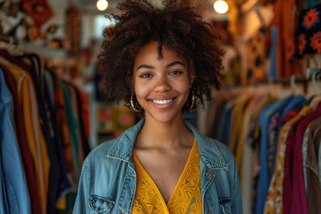 Happy customer with a bright smile browsing in a vintage shop.の素材
