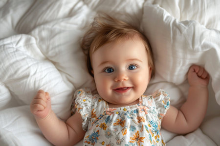 A joyful infant with sparkling eyes lies on a soft white blanket.の素材