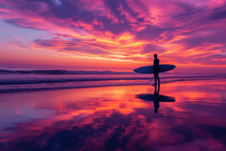 Sunset surfer: A lone surfer with a colorful board, framed against a mesmerizing sunset backdrop.の素材
