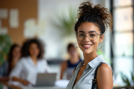 A confident woman in business attire, holding glasses, smiles at the viewer. Her colleagues work in a lively, modern office settingの素材