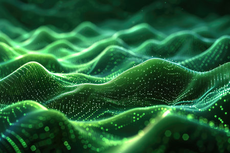 Digital landscape of green hills with a particle grid texture.の素材