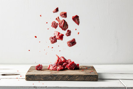 Levitating beef: slices suspended above a wooden cutting board, creating a visually engaging effectの素材